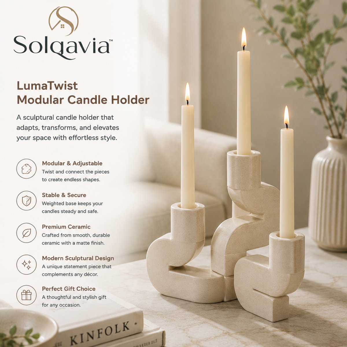 Solqavia™ LumaTwist Modular Ceramic Candle Holder